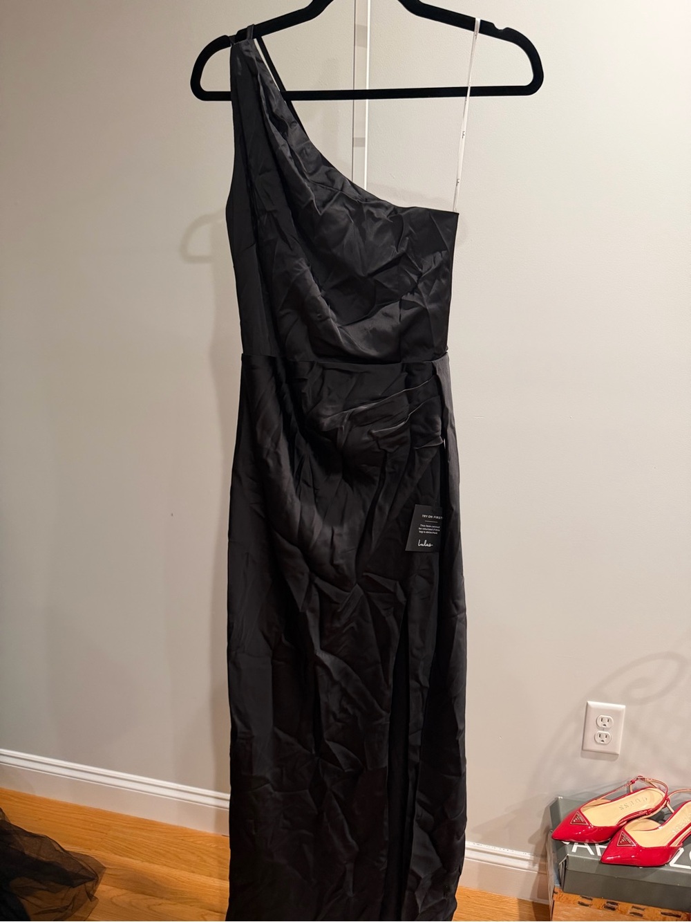 Lulu's Signature Elegance Black Satin One-Shoulder Maxi Dress 2/32 - Picture 2 of 3